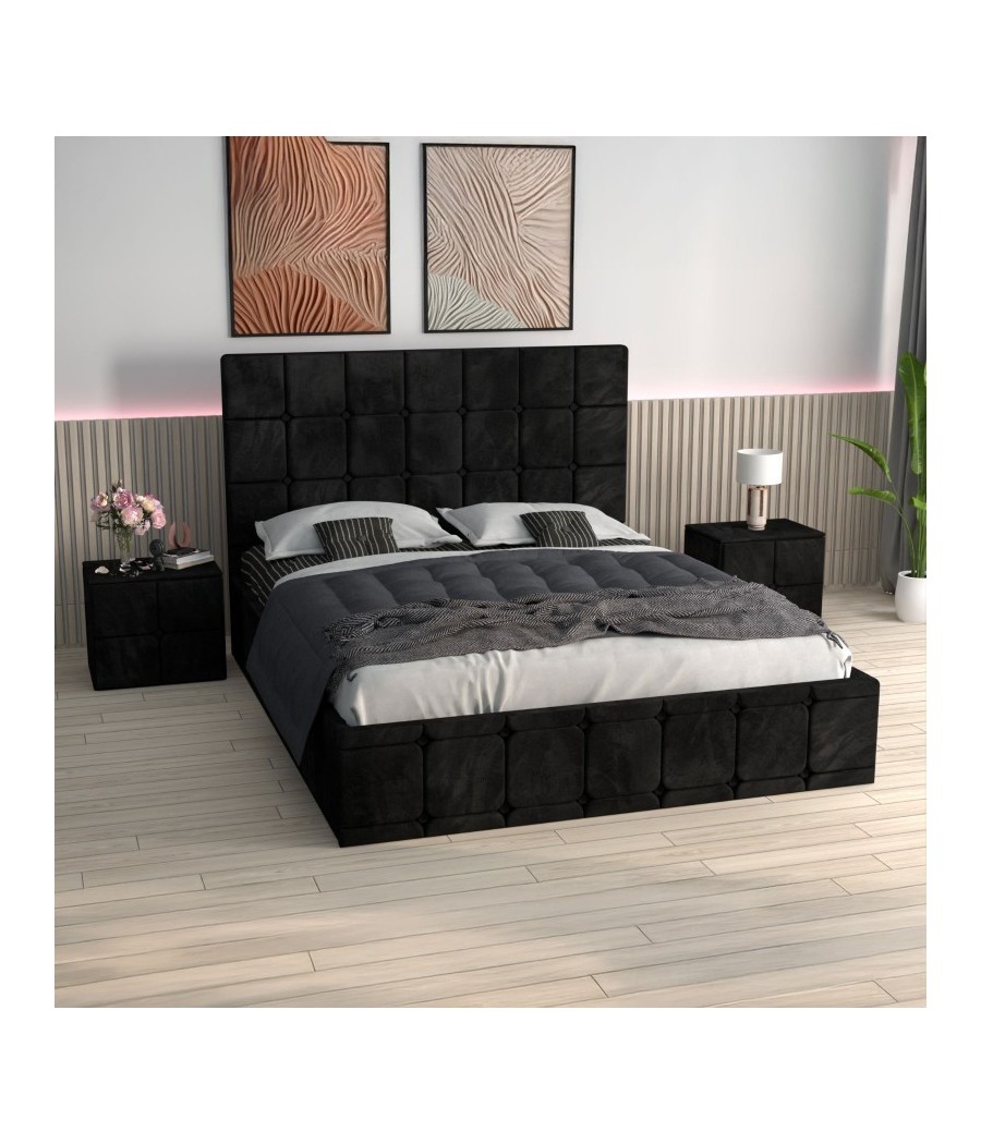 Pat Ven03 Negru +Noptiere Tapitate+ Saltea Lux Ortopedica