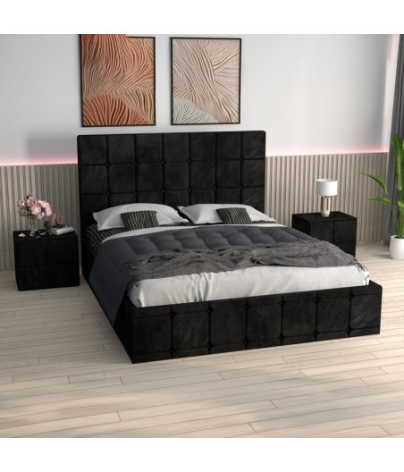 Pat Ven03 Negru +Noptiere Tapitate+ Saltea Lux Ortopedica