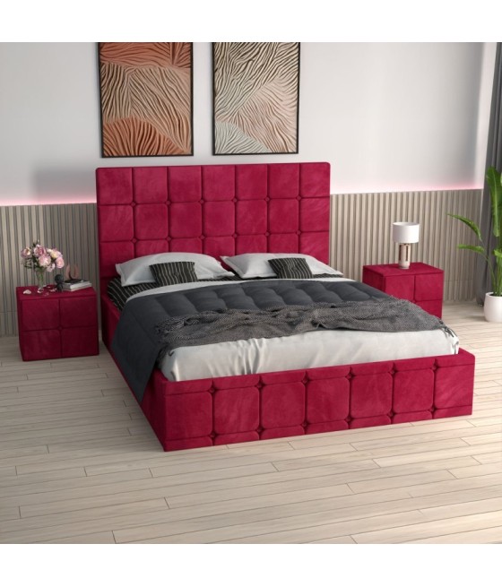 Pat Ven03 Rosu+Noptiere Tapitate+ Saltea Lux Ortopedica