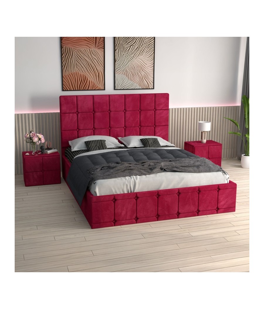 Pat Ven03 Rosu+Noptiere Tapitate+ Saltea Lux Ortopedica