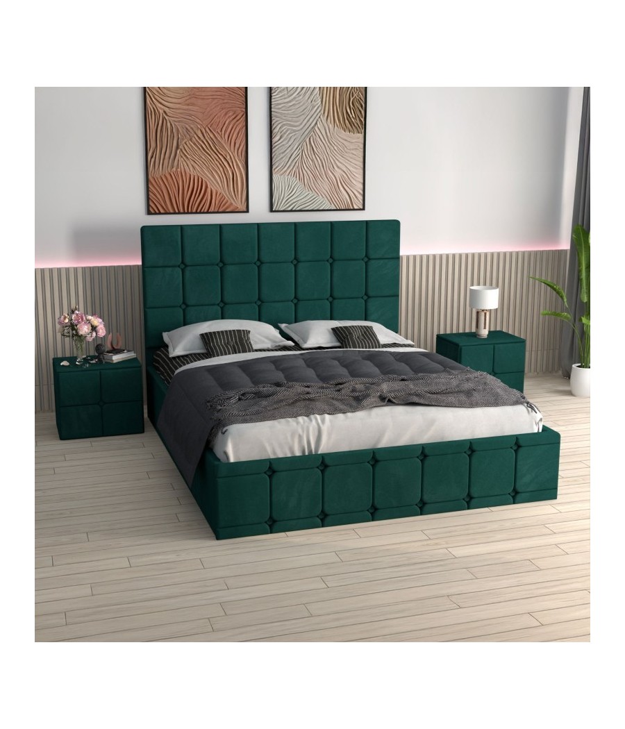 Pat Ven03 Verde +Noptiere Tapitate+ Saltea Lux Ortopedica