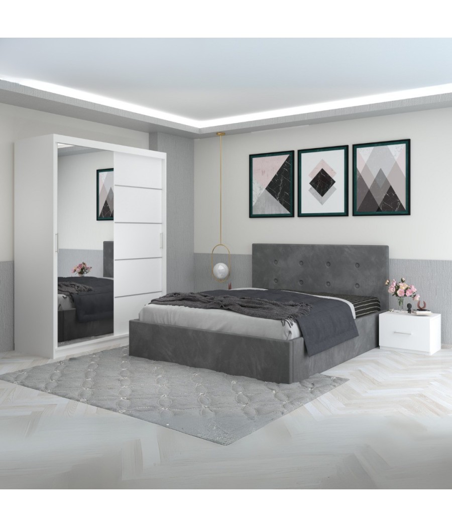 Dormitor Filip Gri Cu Pat Tapitat Stofa