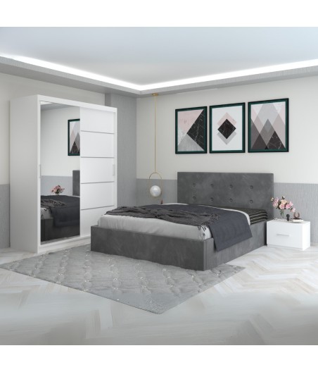 Dormitor Filip Gri Cu Pat Tapitat Stofa