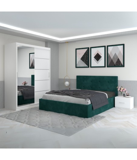 Dormitor Filip Verde Cu Pat Tapitat Stofa