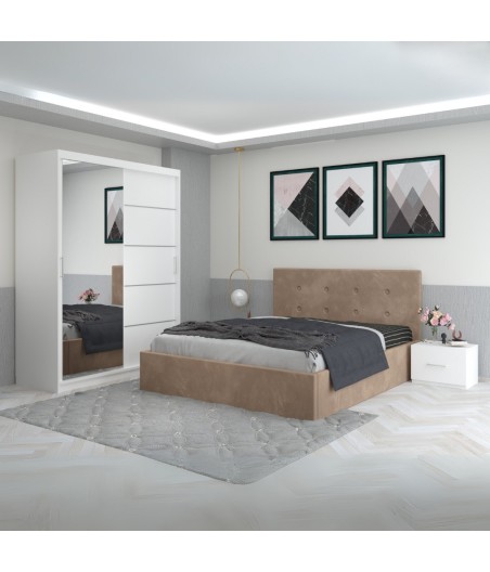 Dormitor Filip Crem Cu Pat Tapitat Stofa