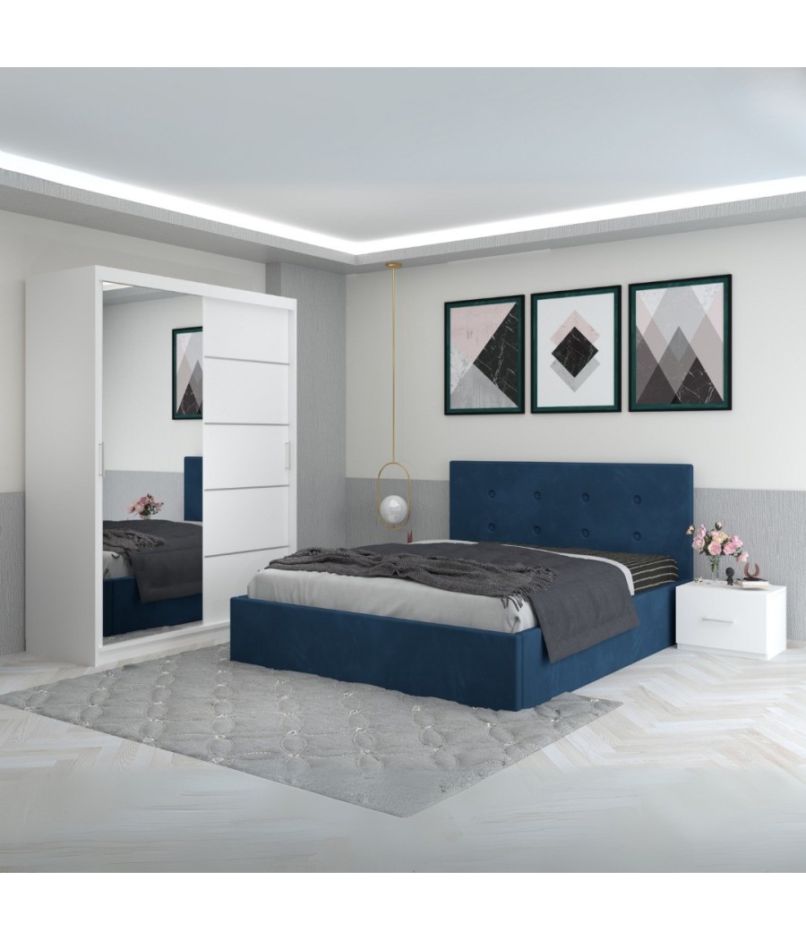 Dormitor Filip Albastru Cu Pat Tapitat Stofa