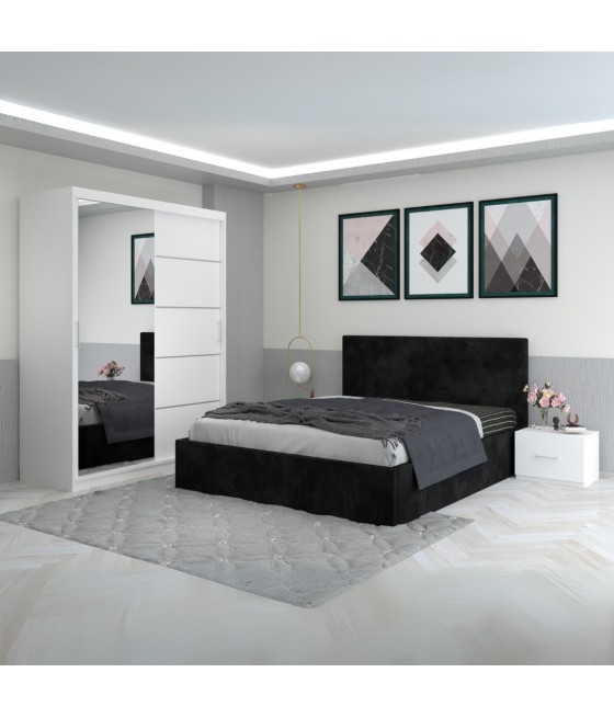 Dormitor Filip Negru  Cu Pat Tapitat Stofa