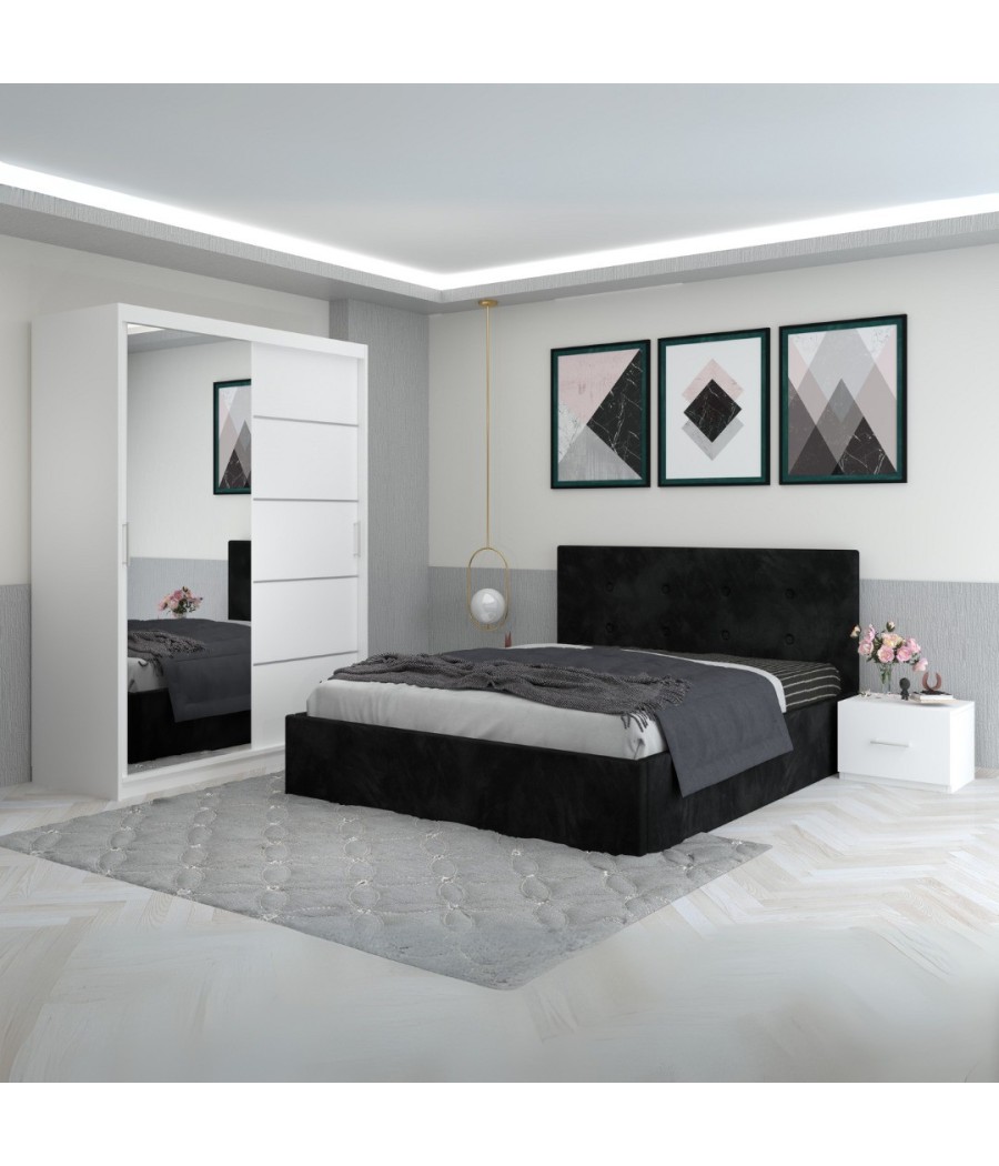 Dormitor Filip Negru  Cu Pat Tapitat Stofa