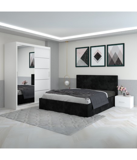 Dormitor Filip Negru  Cu Pat Tapitat Stofa