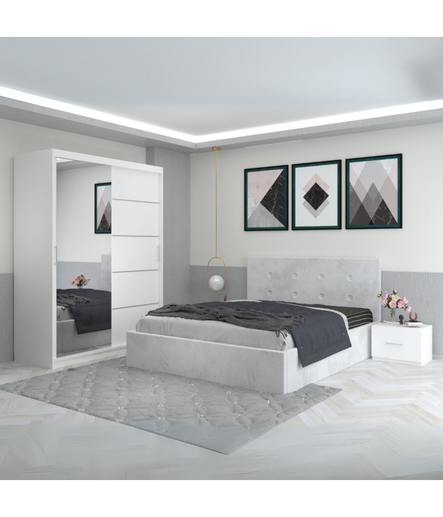 Dormitor Filip Alb Cu Pat Tapitat Stofa