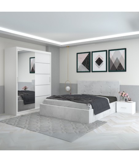 Dormitor Filip Alb Cu Pat Tapitat Stofa