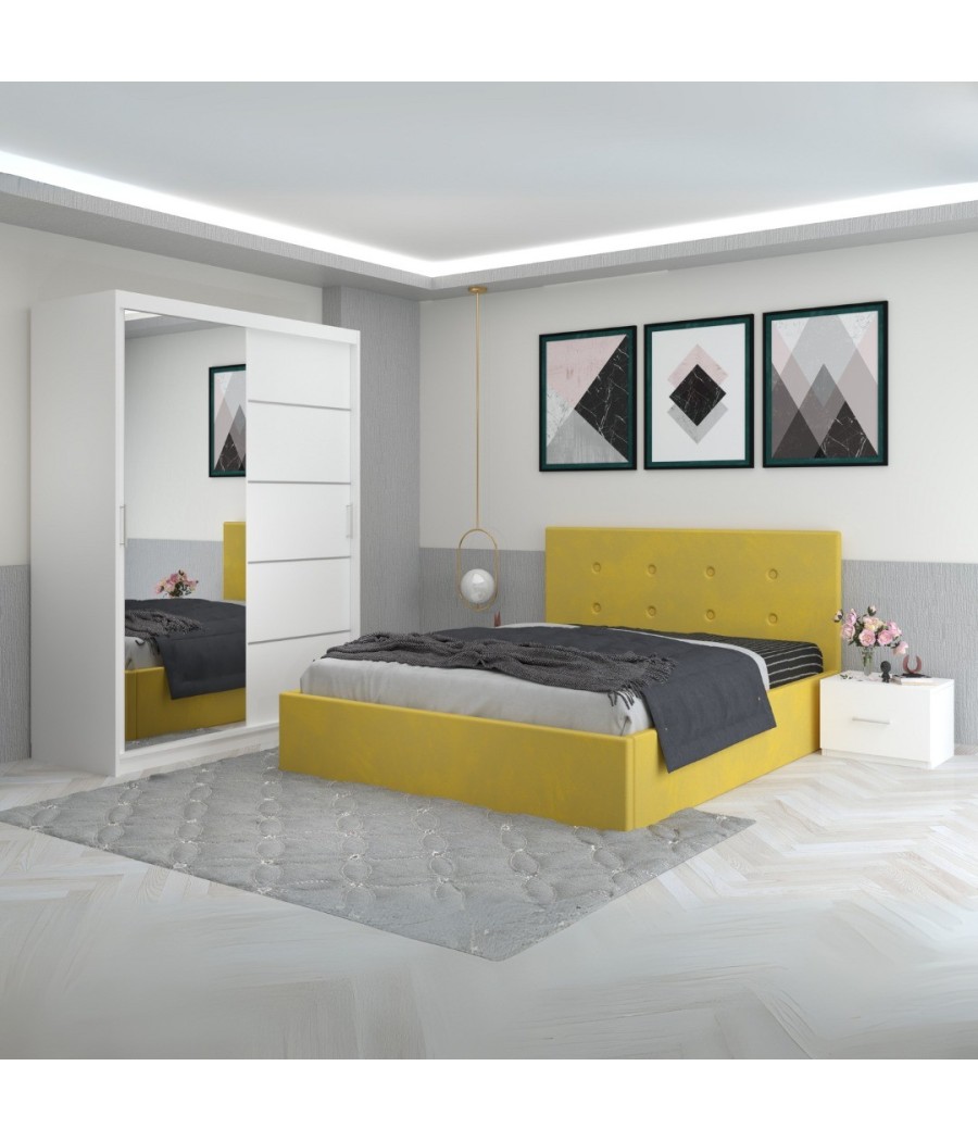 Dormitor Filip Galben Cu Pat Tapitat Stofa