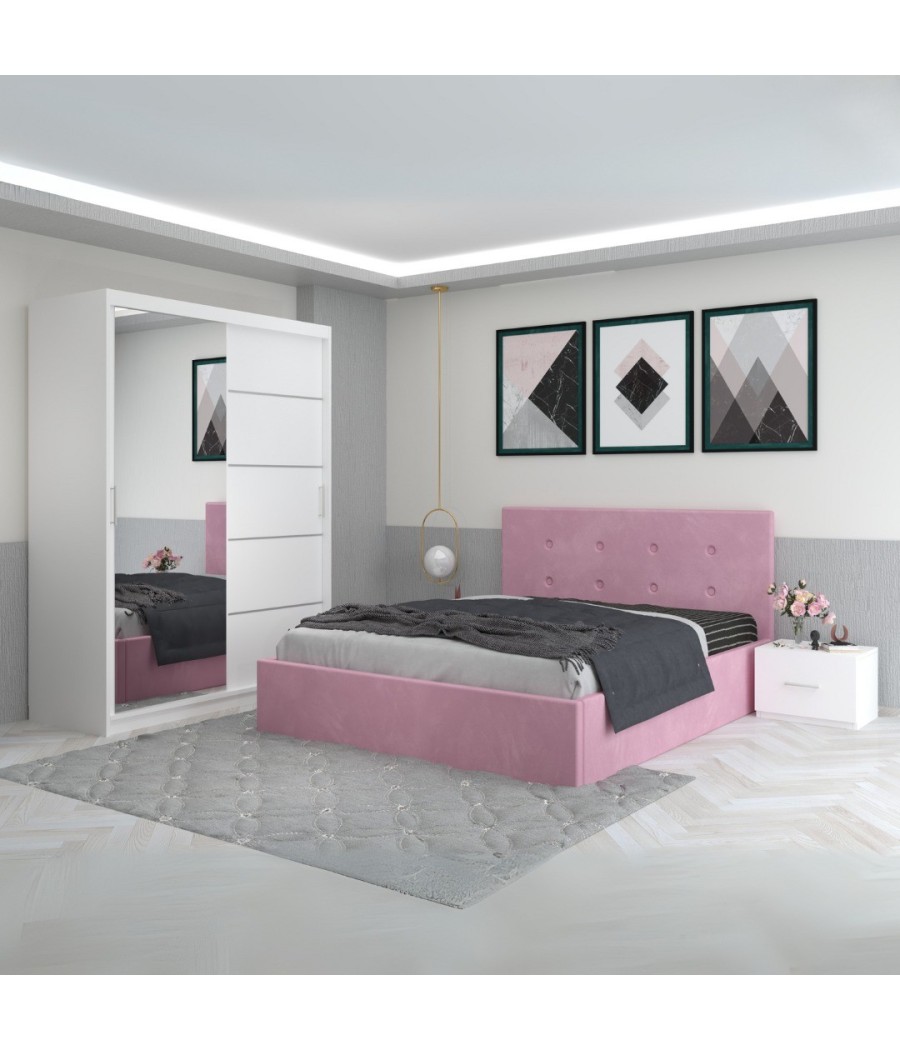 Dormitor Filip Roz Cu Pat Tapitat Stofa