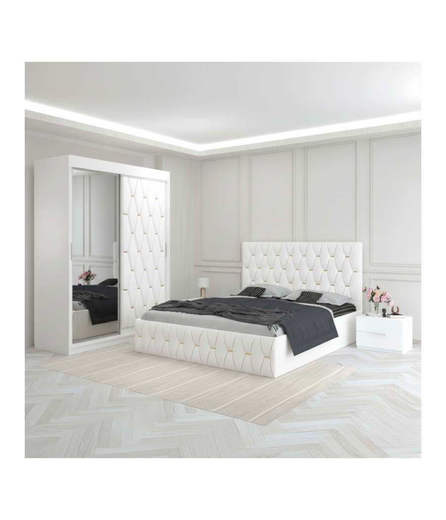 Dormitor Eric Alb Cu Dulap Tapitat