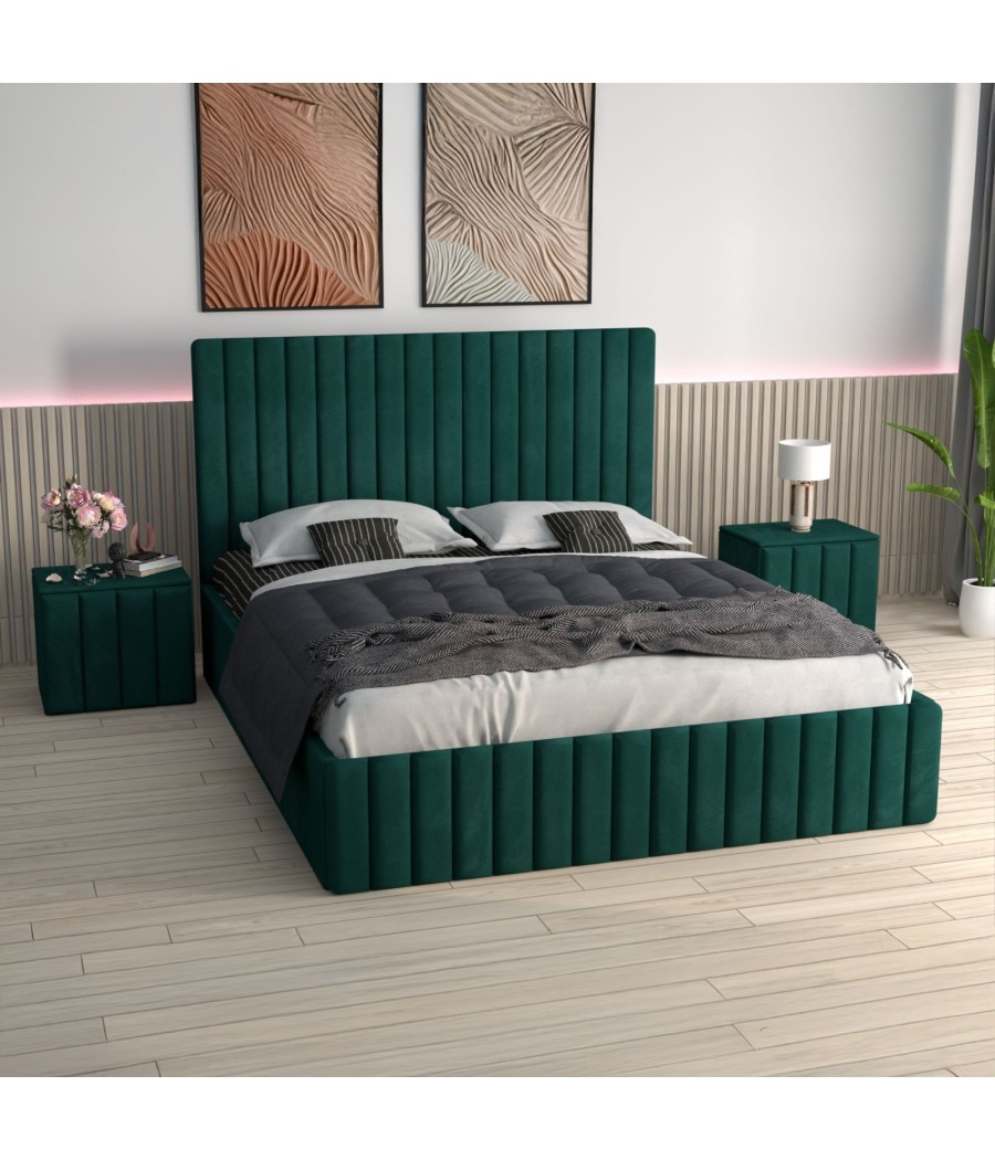 Pat Tapitat Luca Verde + Saltea Lux Ortopedica + Noptiere Tapitate Pat Tapitat Luca Verde + Saltea Lux Ortopedica + Noptiere Tapitate