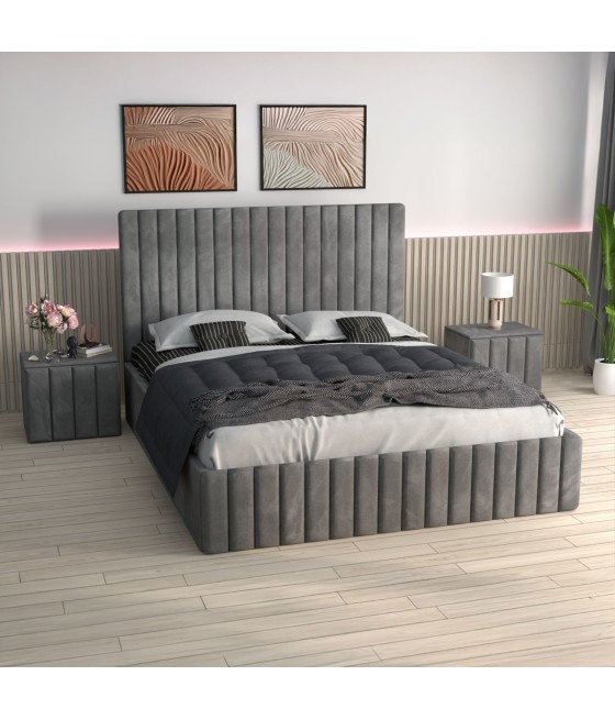 Pat Tapitat Luca Gri + Saltea Lux Ortopedica + Noptiere Tapitate