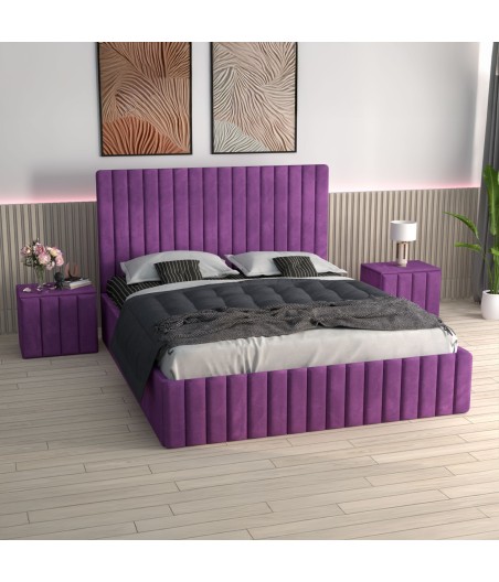 Pat Tapitat Luca Mov + Saltea Lux Ortopedica + Noptiere Tapitate