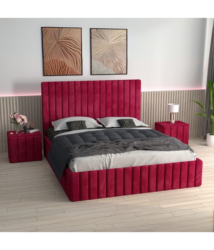 Pat Tapitat Luca Visiniu + Saltea Lux Ortopedica + Noptiere Tapitate Pat Tapitat Luca Visiniu + Saltea Lux Ortopedica + Noptiere Tapitate