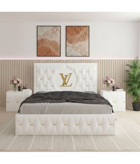 Pat Luis Alb01 Tapitat 160x200 + Noptiere Tapitate + Saltea LUx Ortopedica
