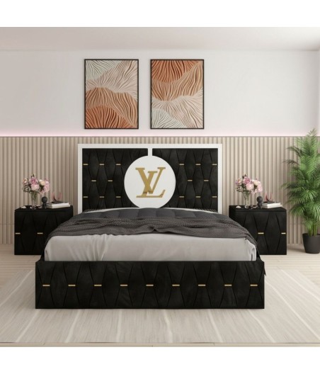 Pat Luis Negru01 Tapitat 160x200 + Noptiere Tapitate + Saltea LUx Ortopedica