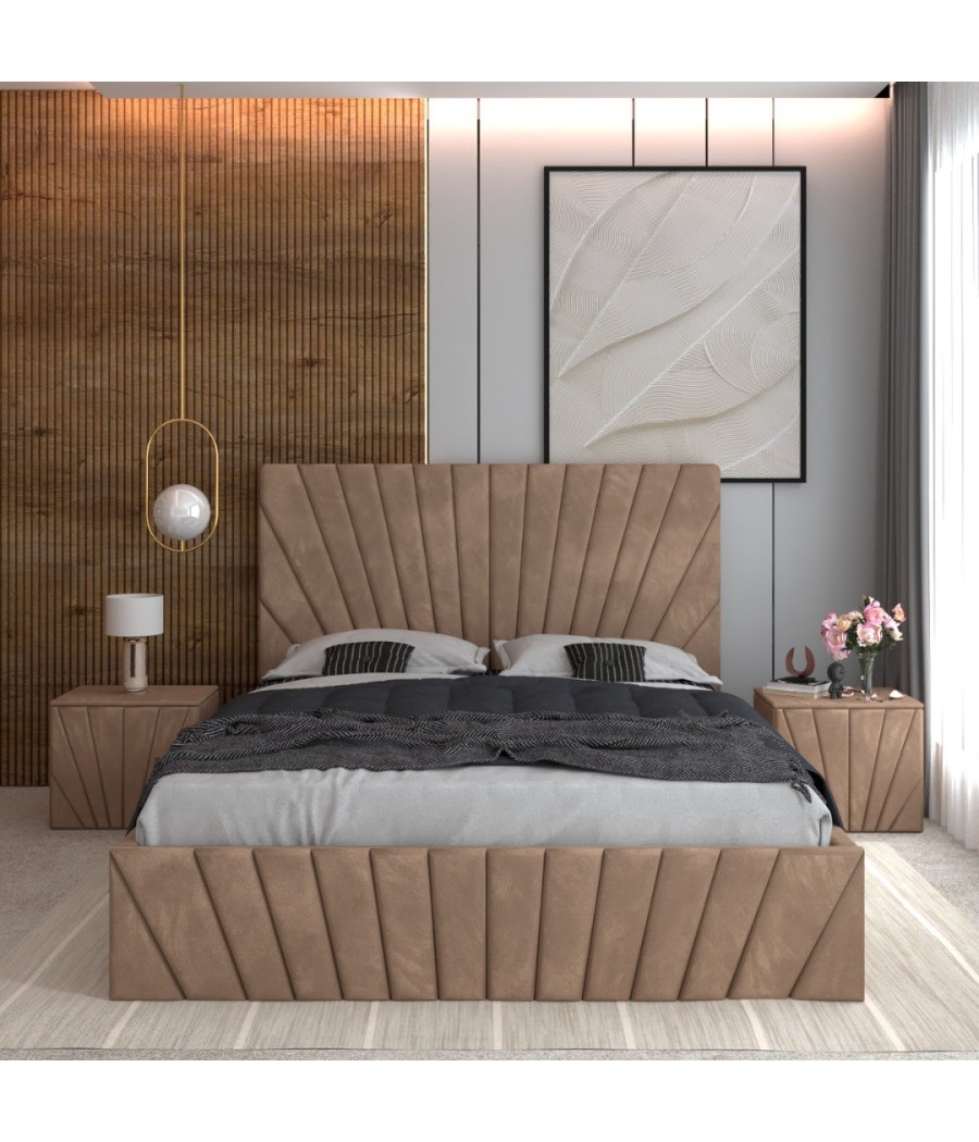 Pat Tapitat Toma Crem + Saltea Lux Ortopedica + Noptiere Tapitate Pat Tapitat Toma Crem + Saltea Lux Ortopedica + Noptiere Tapitate