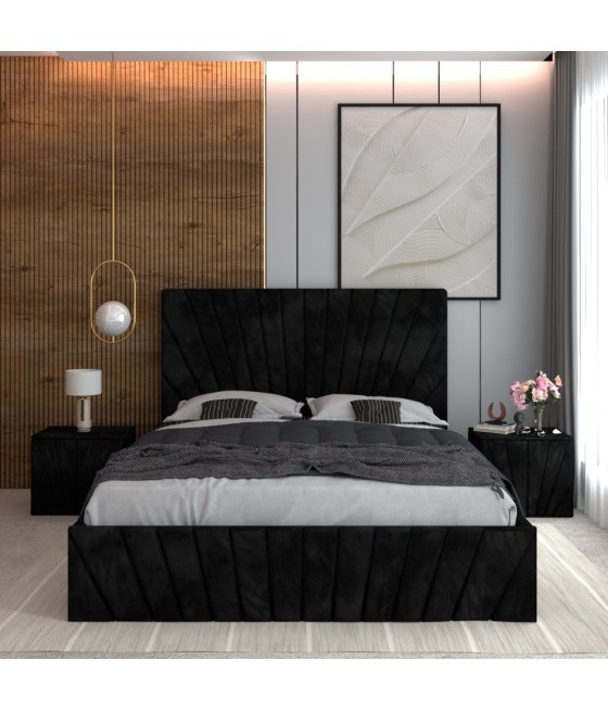 Pat Tapitat Toma Negru + Saltea Lux Ortopedica + Noptiere Tapitate