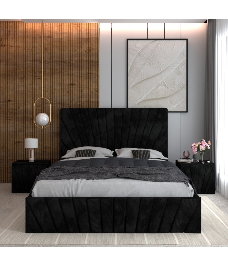 Pat Tapitat Toma Negru + Saltea Lux Ortopedica + Noptiere Tapitate Pat Tapitat Toma Negru + Saltea Lux Ortopedica + Noptiere Tapitate