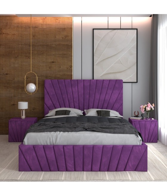 Pat Tapitat Toma Mov + Saltea Lux Ortopedica + Noptiere Tapitate