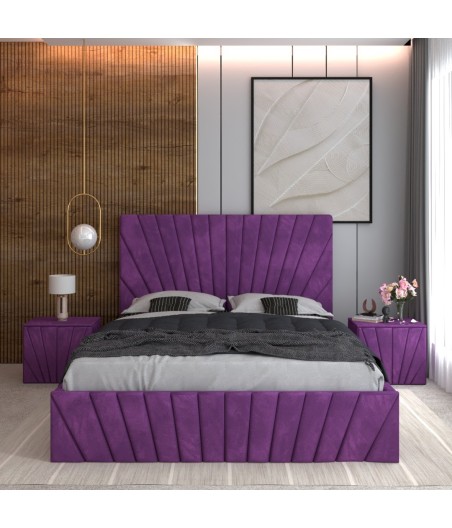 Pat Tapitat Toma Mov + Saltea Lux Ortopedica + Noptiere Tapitate