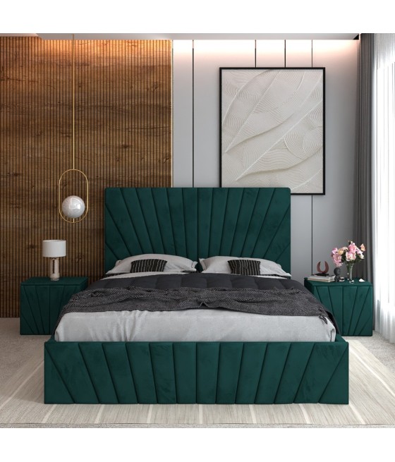 Pat Tapitat Toma Verde + Saltea Lux Ortopedica + Noptiere Tapitate