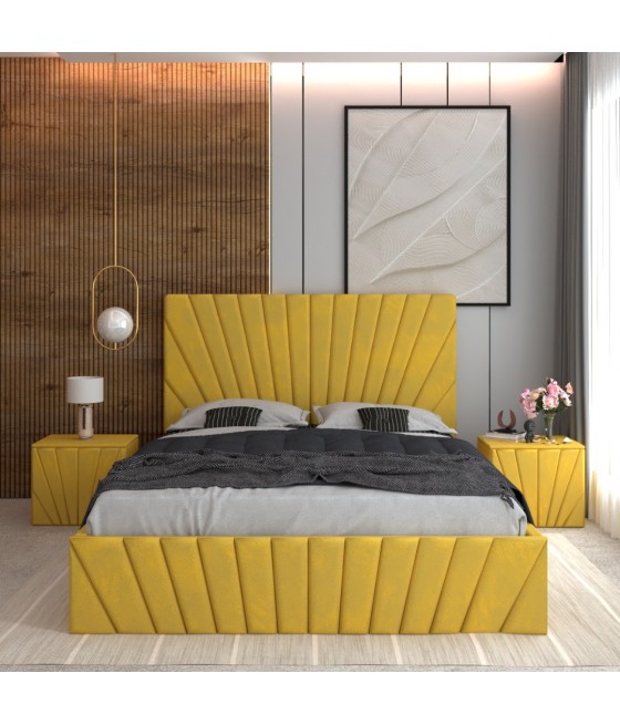 Pat Tapitat Toma Galben + Saltea Lux Ortopedica + Noptiere Tapitate