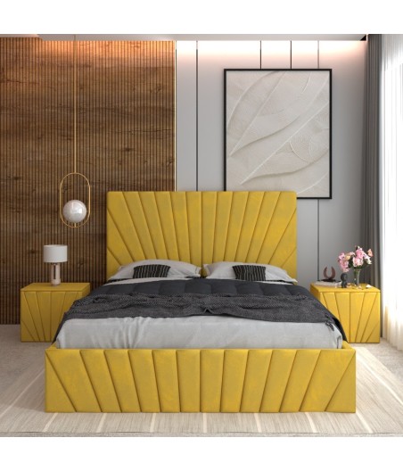 Pat Tapitat Toma Galben + Saltea Lux Ortopedica + Noptiere Tapitate