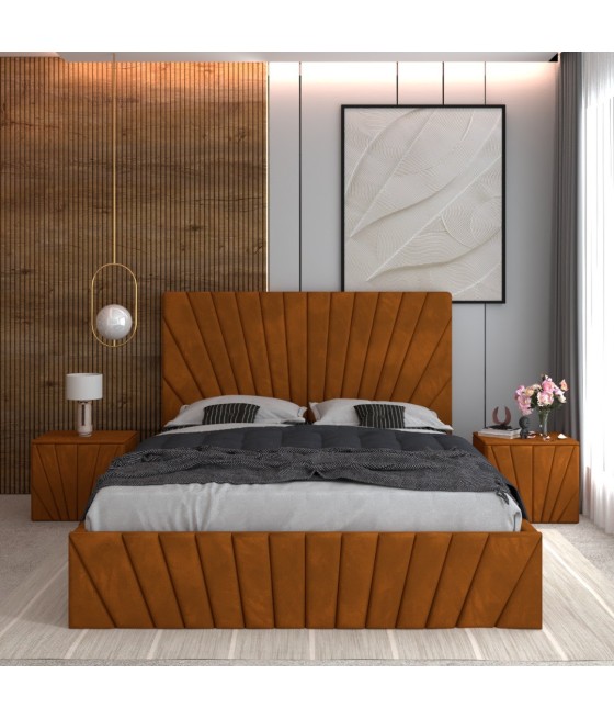 Pat Tapitat Toma Caramiziu + Saltea Lux Ortopedica + Noptiere Tapitate