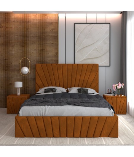 Pat Tapitat Toma Caramiziu + Saltea Lux Ortopedica + Noptiere Tapitate