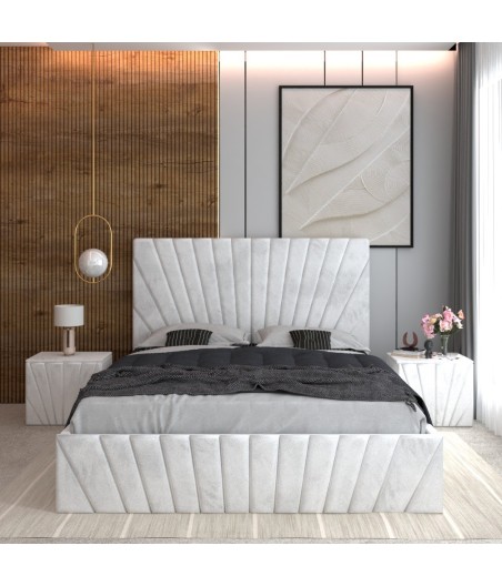 Pat Tapitat Toma Alb + Saltea Lux Ortopedica + Noptiere Tapitate