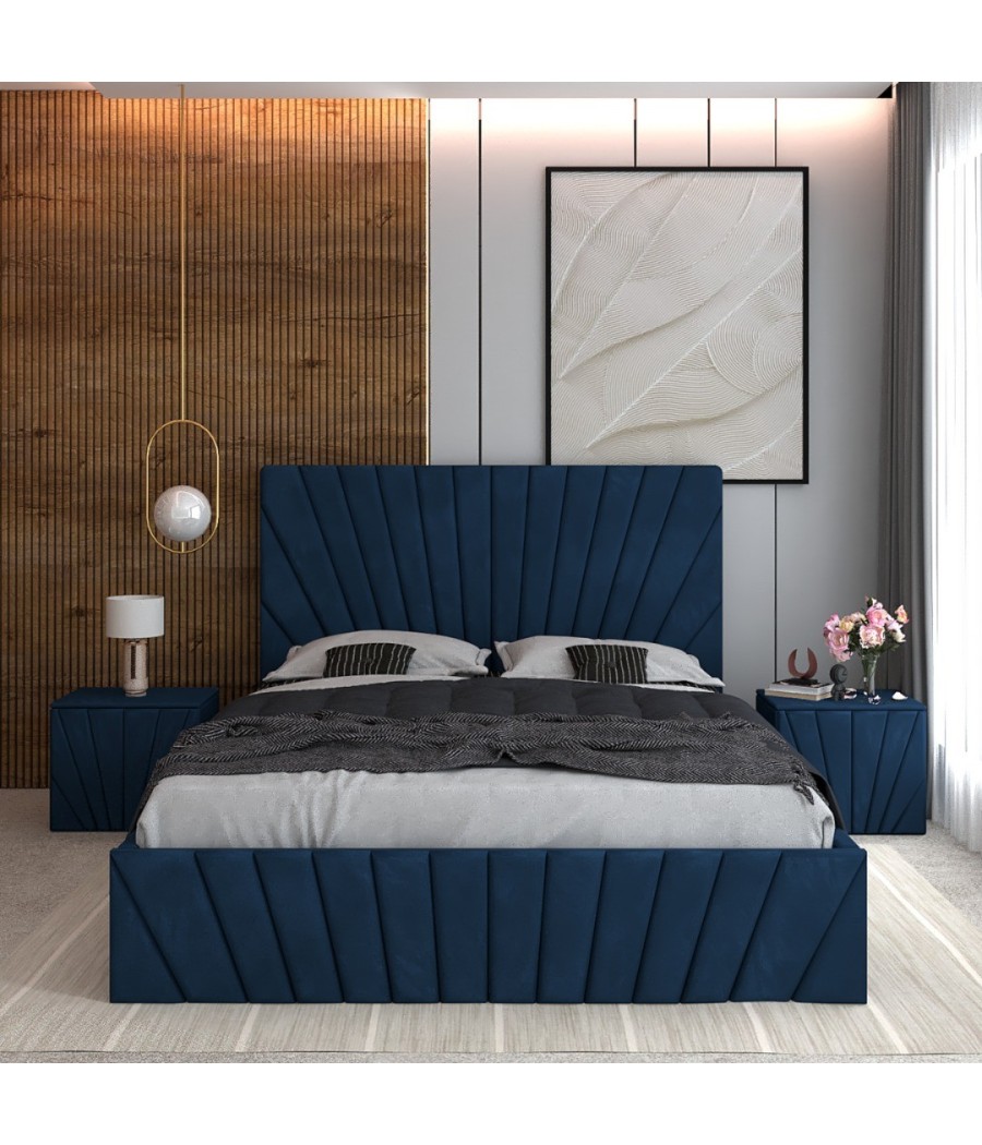 Pat Tapitat Toma Albastru + Saltea Lux Ortopedica + Noptiere Tapitate Pat Tapitat Toma Albastru + Saltea Lux Ortopedica + Noptiere Tapitate