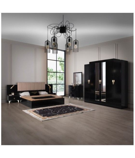 Set Dormitor COD300, 6 Piese, Pat 160 x 200, Comoda Cu Oglinda, 2Noptiere, Dulap 6u, Culoare Negru