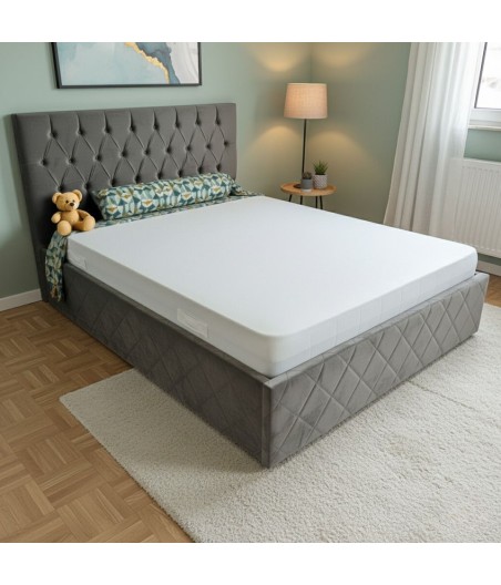 Pat Oscar Gri Petrol 160x200cm cu Lada de Depozitare, Somiera Metalica Rabatabilă  + SALTEA 160X200