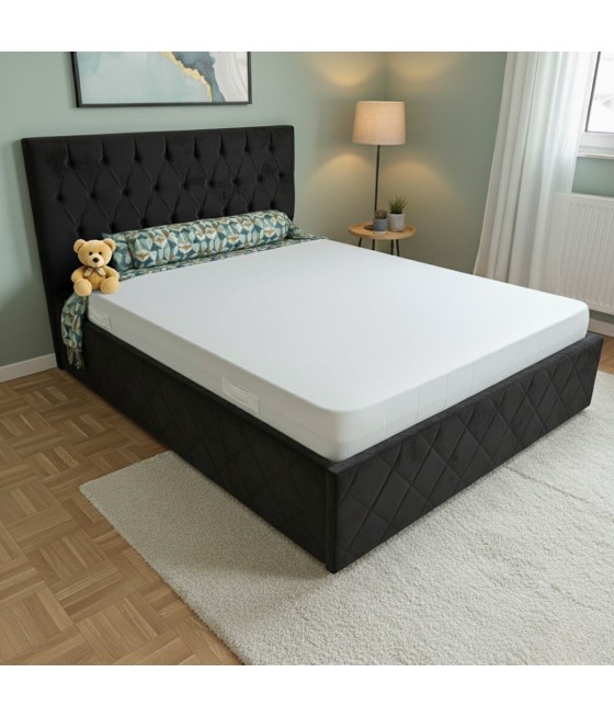 Pat Oscar NEGRU 160x200cm cu Lada de Depozitare, Somiera Metalica Rabatabilă + SALTEA 160X200