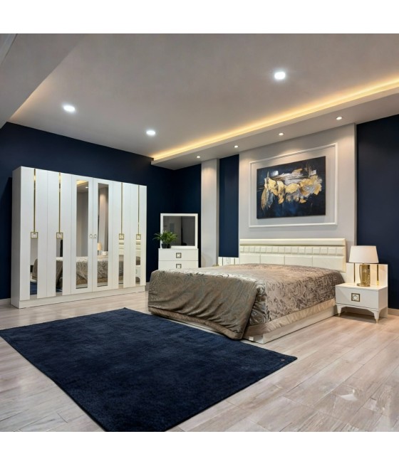 Dormitor Cod RO50, 6 Piese, Pat 180 x 200, Comoda Cu Oglinda, 2Noptiere, Dulap 6u