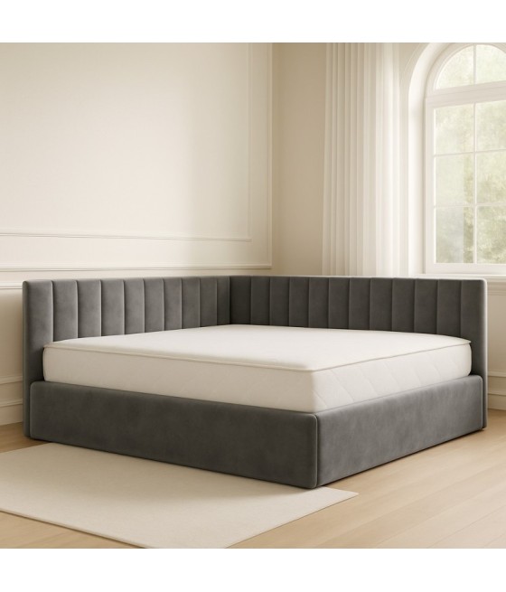 Pat Tapitat De Colt Figo Gri Catifea Premium + Saltea Lux Ortopedica