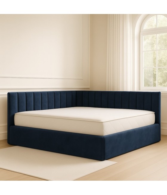 Pat Tapitat De Colt Figo Albastru Catifea Premium + Saltea Lux Ortopedica