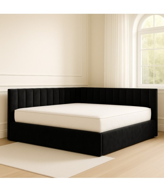 Pat Tapitat De Colt Figo Negru Catifea Premium + Saltea Lux Ortopedica