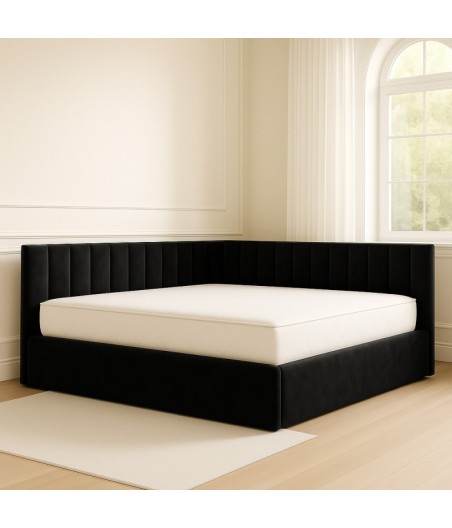 Pat Tapitat De Colt Figo Negru Catifea Premium + Saltea Lux Ortopedica