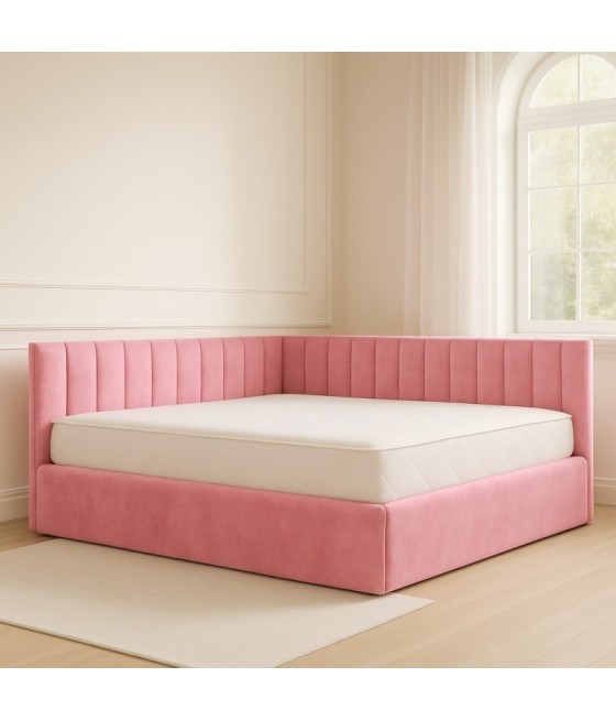 Pat Tapitat De Colt Figo Roz  Catifea Premium + Saltea Lux Ortopedica