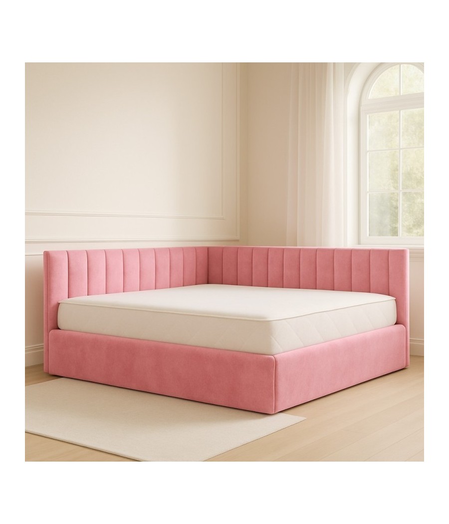 Pat Tapitat De Colt Figo Roz  Catifea Premium + Saltea Lux Ortopedica