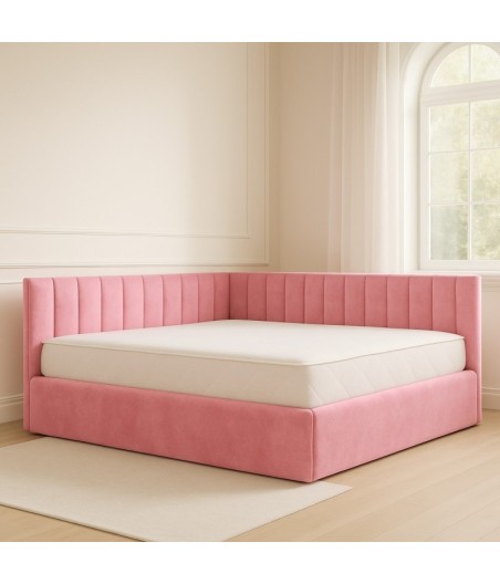 Pat Tapitat De Colt Figo Roz  Catifea Premium + Saltea Lux Ortopedica