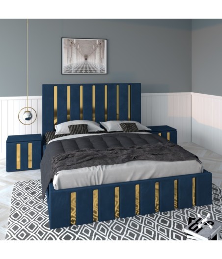 Pat Tapitat Mexic Albastru + Saltea 20cm Grosime + Noptiere Tapitate