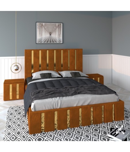 Pat Tapitat Mexic Caramiziu + Saltea 20cm Grosime + Noptiere Tapitate