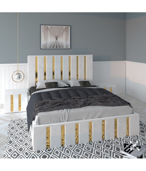 Pat Tapitat Mexic Alb + Saltea 20cm Grosime + Noptiere Tapitate